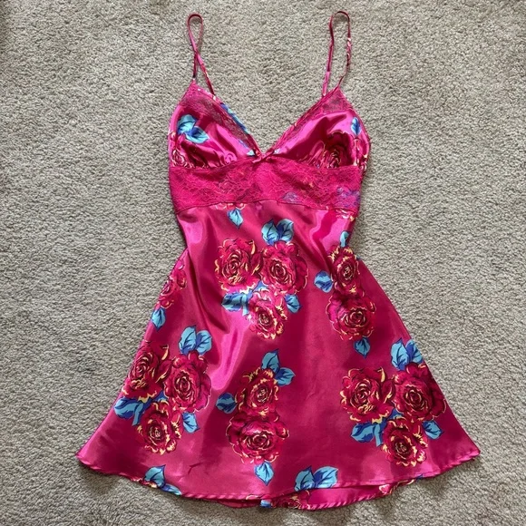 Victoria's Secret | Dresses | Vintage Y2k Babydoll Hot Pink Floral Teddy Slip  Dress Lace Trimmed Size Small | Poshmark
